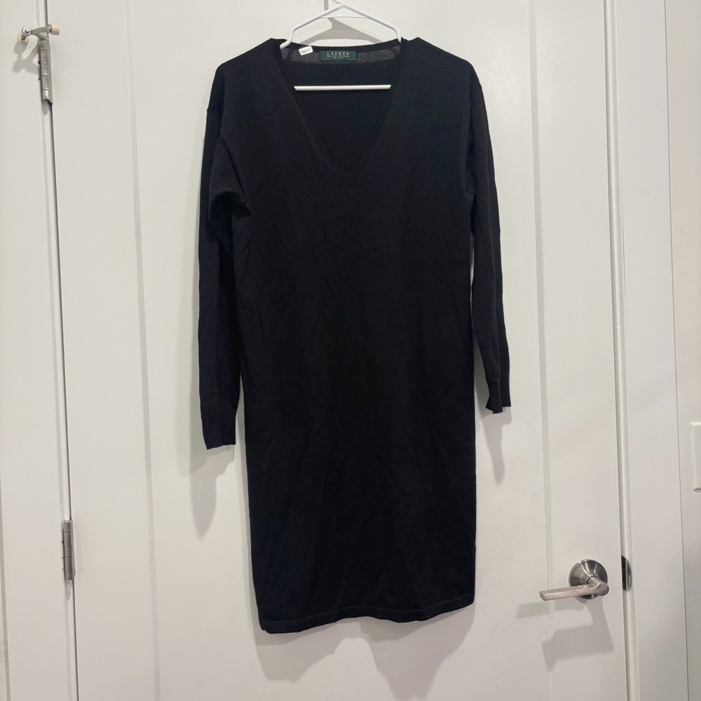 Lauren Ralph Lauren Petite Black V-Neck Long Sleeve Knit Sweater Dress